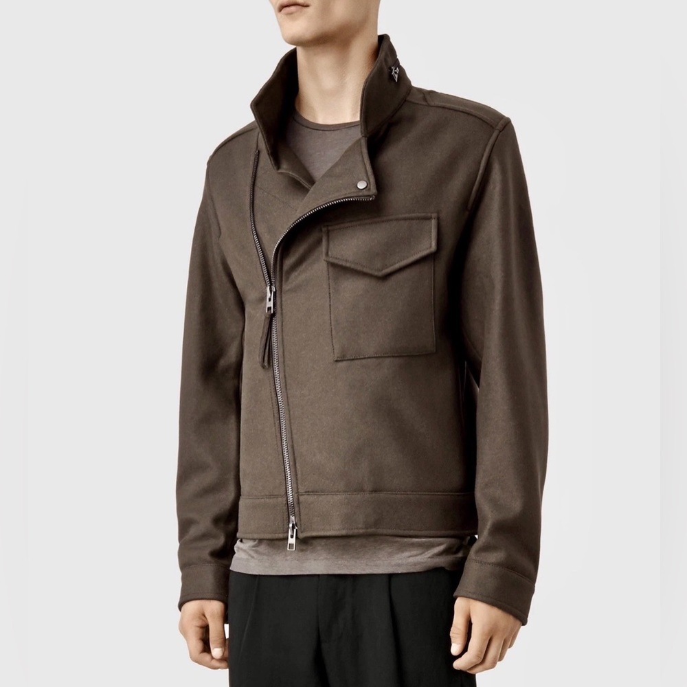 AllSaints Bayard Moto Biker Jacket SMALL With Tags Khaki Brown Men’s Wool Blend